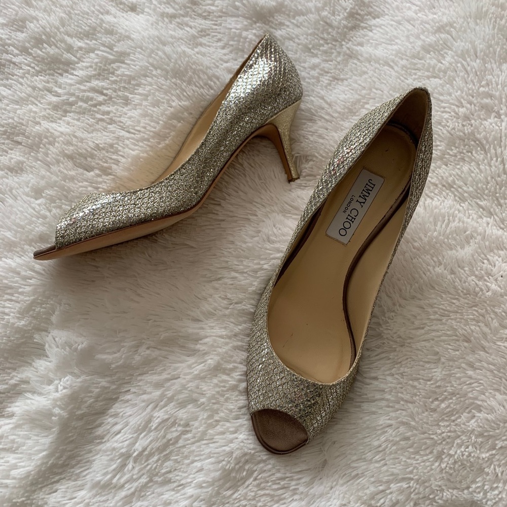 Jimmy Choo Isabel Glitter Champagne Peep Toe 39